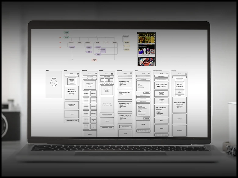 un zoning et une arborescence figma sur un site de troc de vinyles